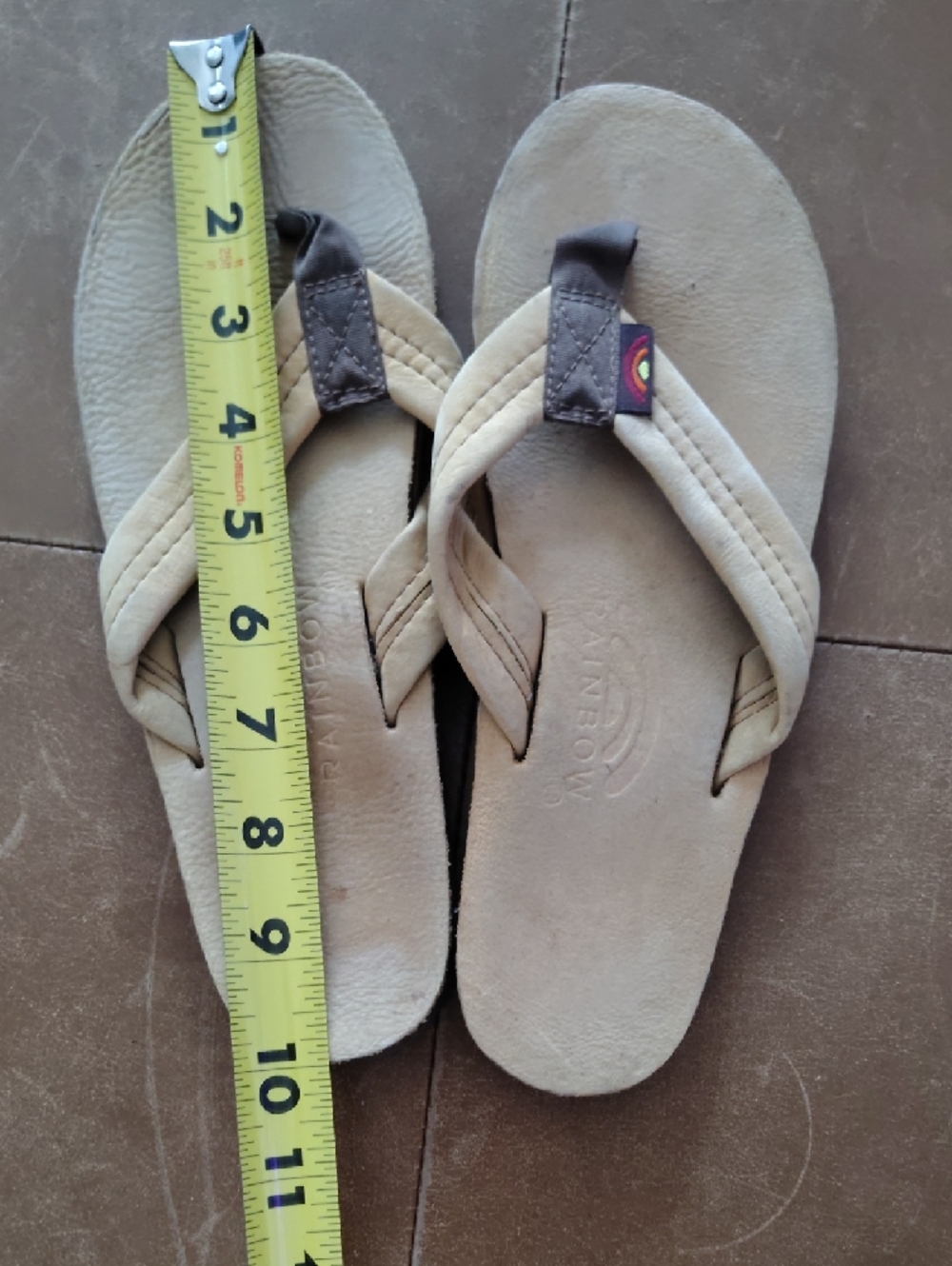 Rainbow Beige Leather Flip Flops with Brown Thong Accents - Picture 7 of 7